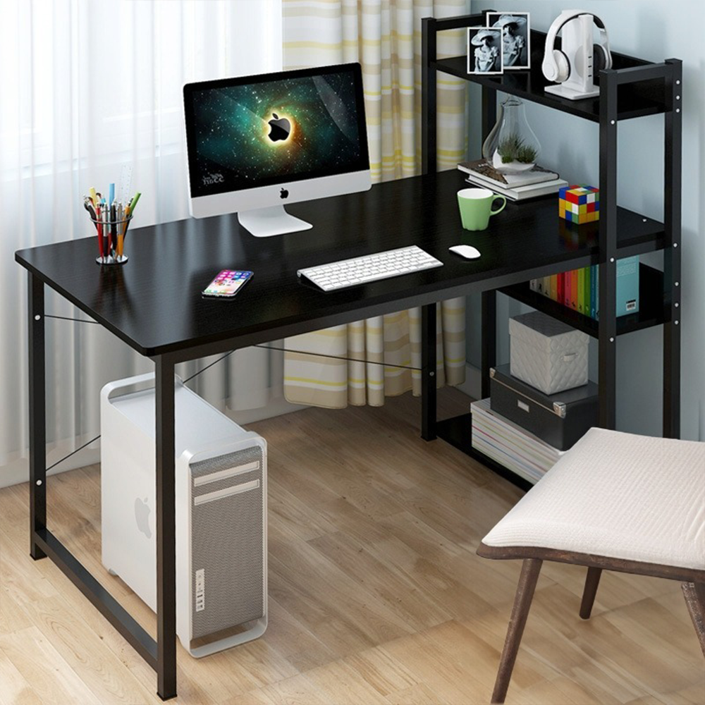 Birou cu bibliotecă 120 cm – negru, MDF, 3 rafturi, pentru tineri