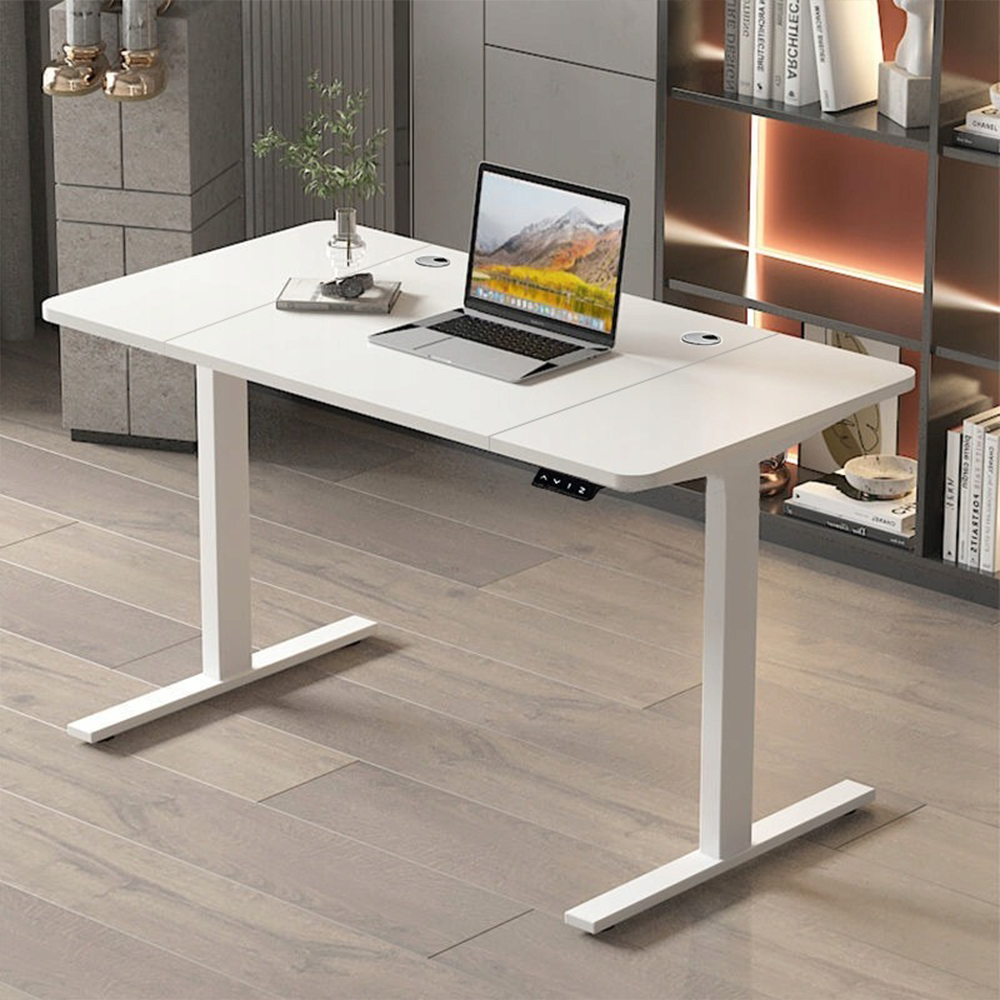 Birou electric 140x60 cm alb – reglabil pe înălțime, pentru lucru și gaming