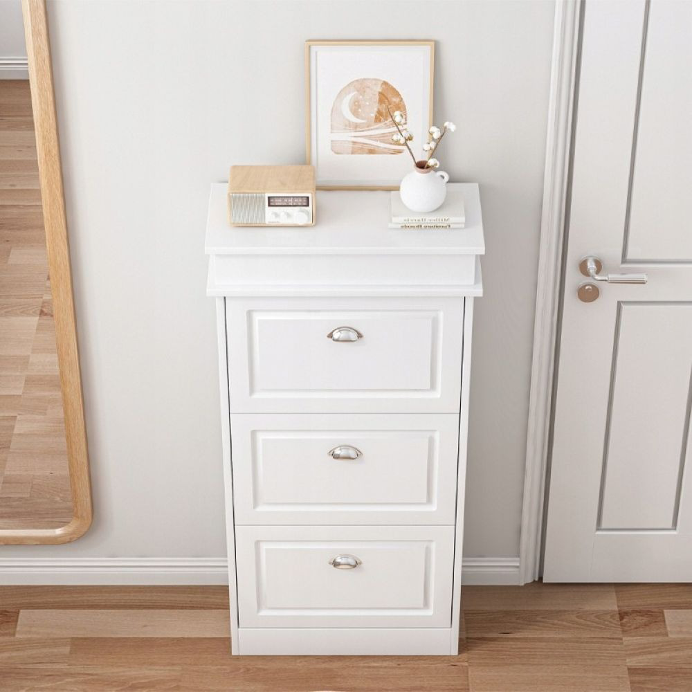 Dulap pantofi slim alb – 3 uși, 117 cm, MDF, pentru hol/dressing