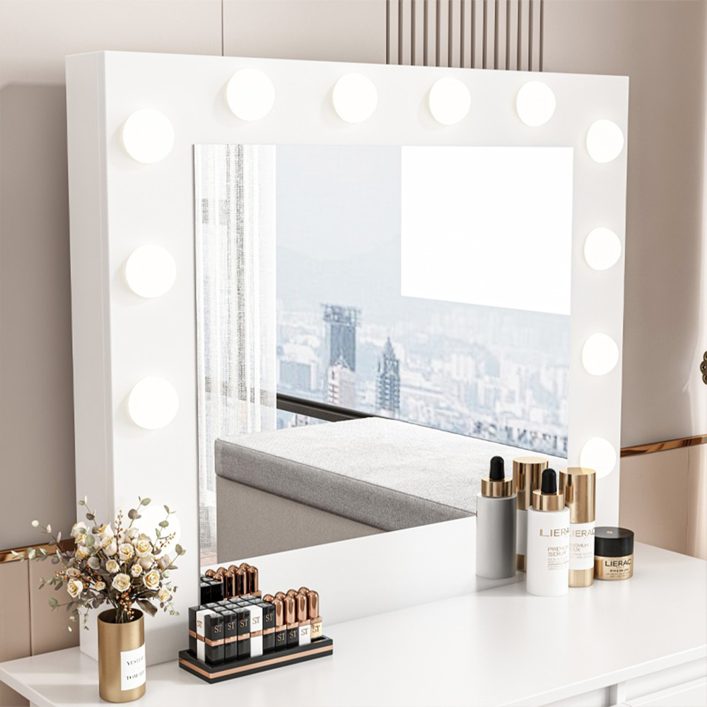 Masă toaletă albă 90 cm cu oglindă LED – modernă, MDF, pentru machiaj