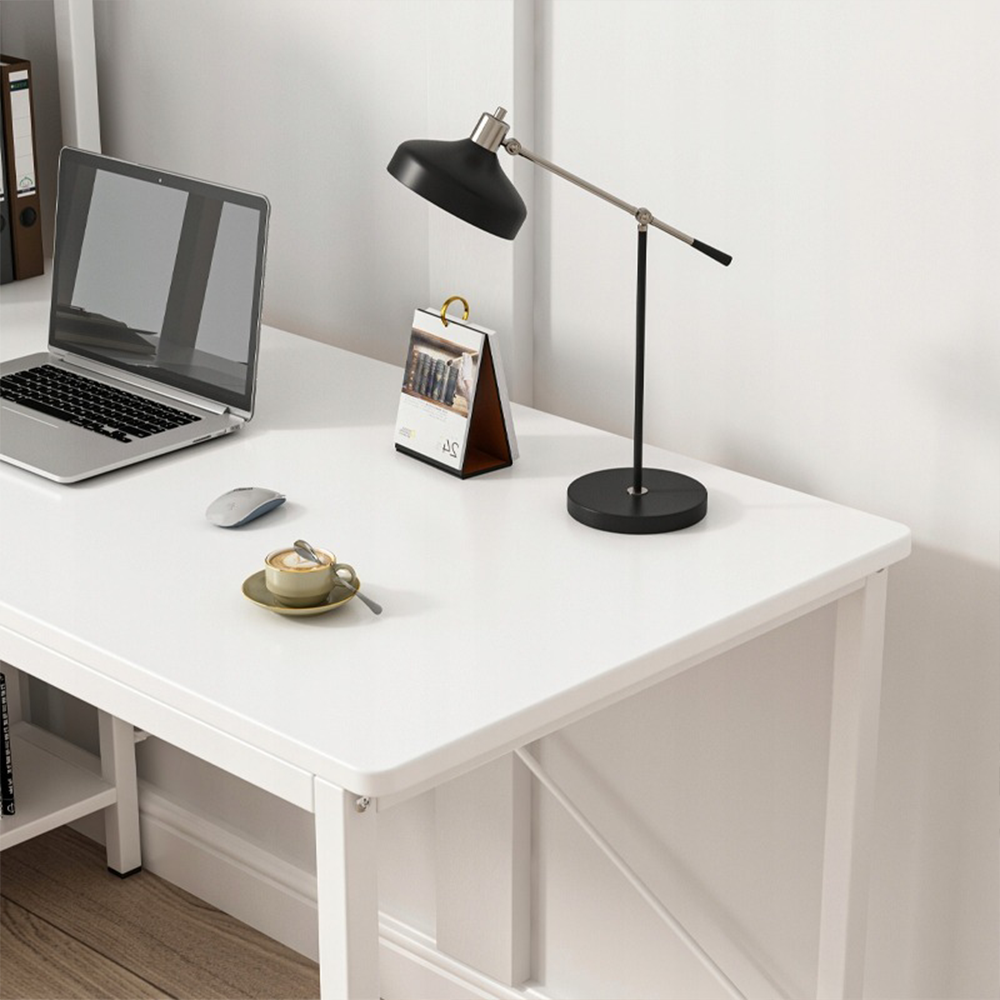 Birou modern 120 cm alb – cu polițe laterale, MDF, pentru PC/gaming