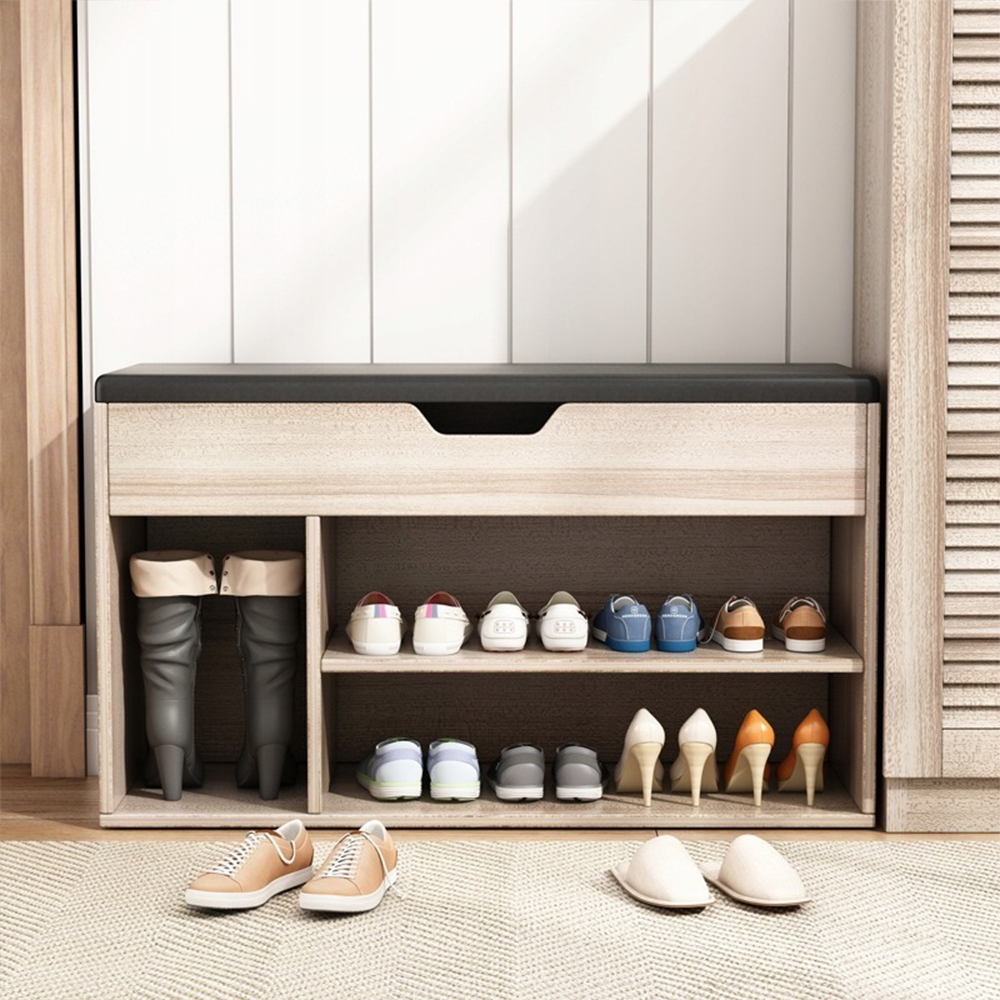 Bancă pantofi cu ladă 80 cm – șezut tapițat, stejar, mobilier hol modern