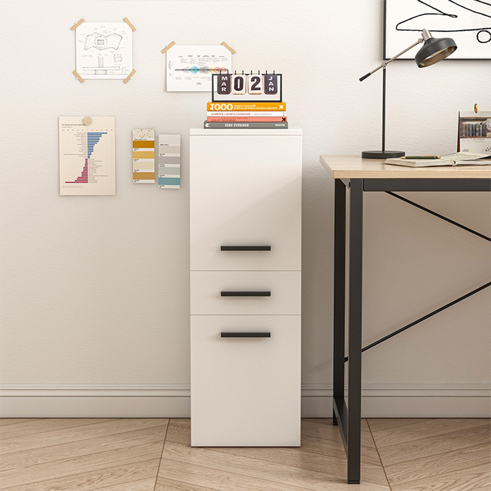 Raft depozitare birou 85 cm – alb, MDF, 2 rafturi + sertar, design loft