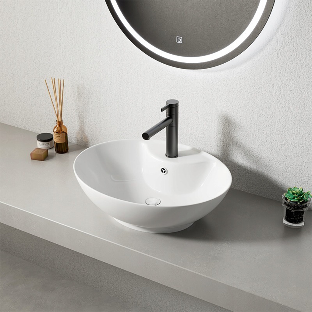 Lavoar ceramic pe blat 50 cm – oval, alb lucios, design modern, cu preaplin