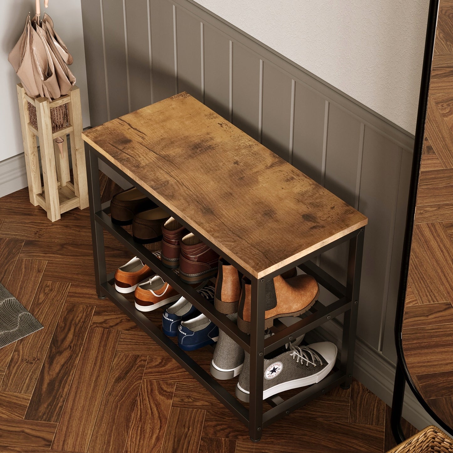 Banca pentru Hol cu Pantofar Stil Industrial Loft, Maro Rustic si Metal, 60x30x50 cm