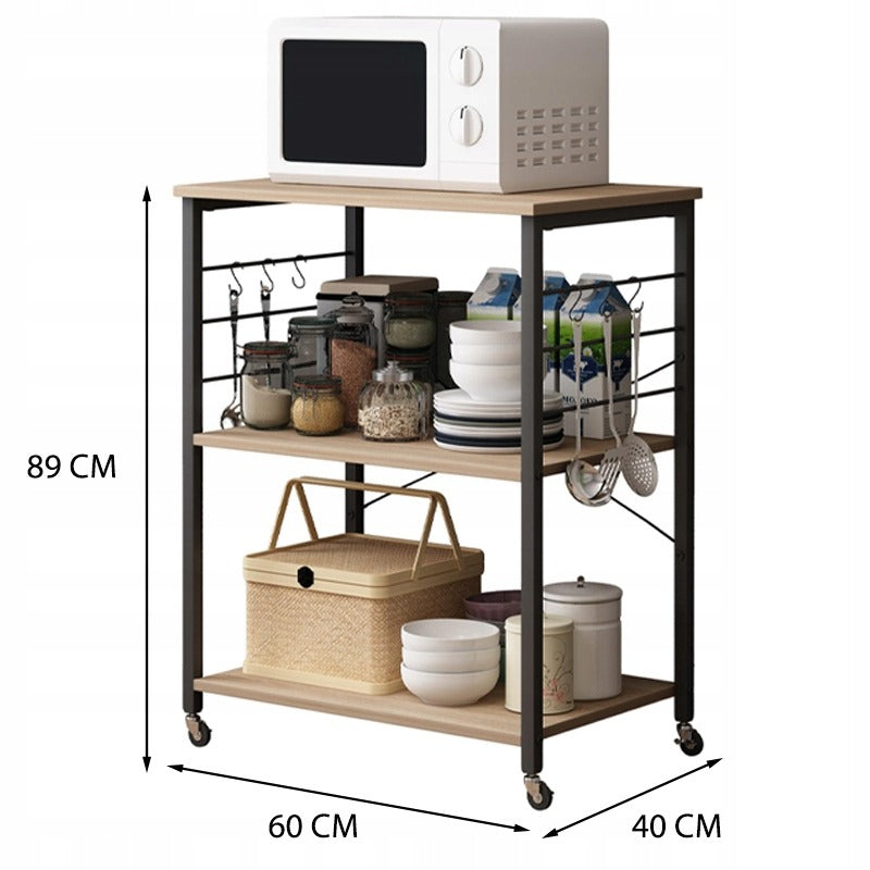 Carucior de Bucatarie Mobil din Metal si MDF Maro Deschis, 60x40x89 cm