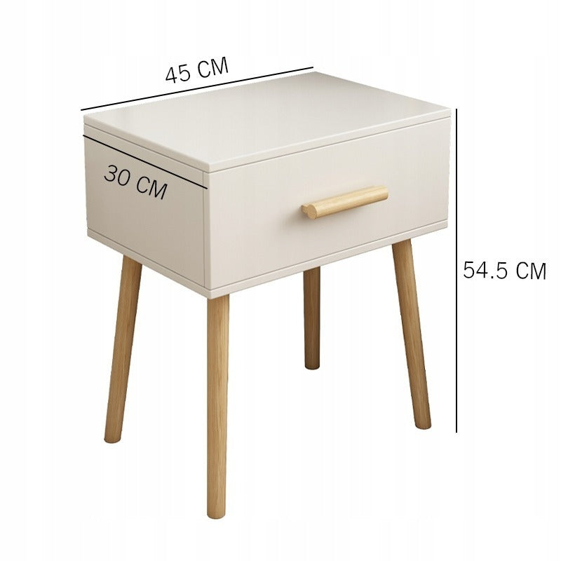 Masă noptieră 45 cm – alb, MDF + lemn, stil modern