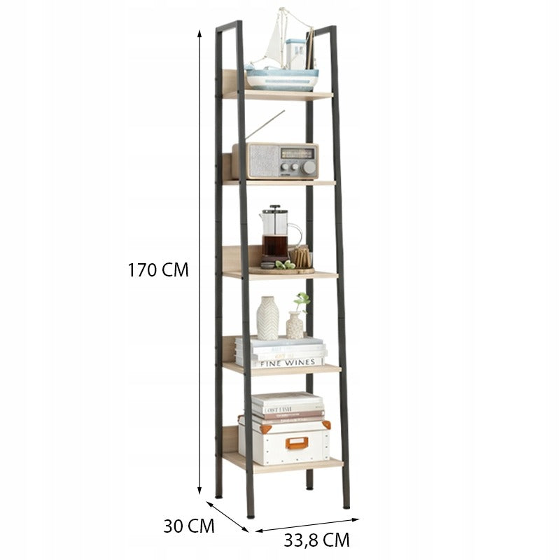 Biblioteca Tip Scara Stil Loft cu 5 Rafturi, Maro Deschis si Metal, 33.8x30x170 cm