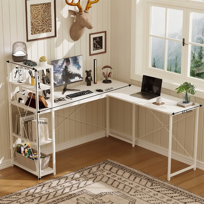 Birou de Colt pentru Computer cu Biblioteca si Rafturi, Alb, 144x51.5 cm, Stil Loft
