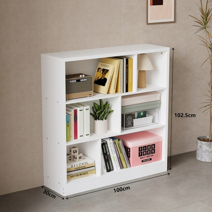 Bibliotecă Albă Asimetrică 100 x 102,5 x 30 cm – 6 Rafturi pentru Cărți și Decorațiuni