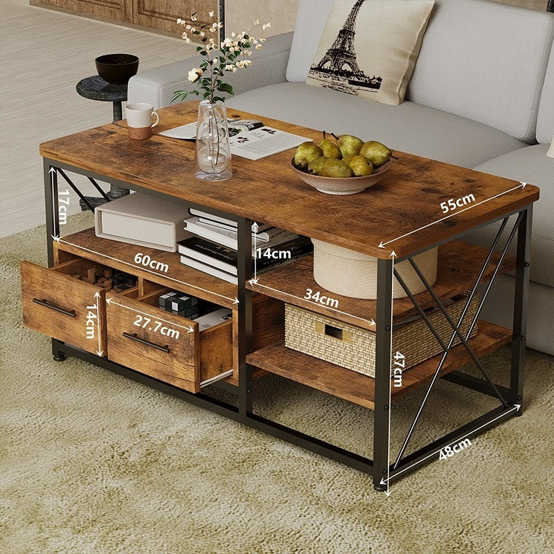 Măsuță de Cafea Loft 100x55x47 cm cu 2 Sertare și Rafturi Maro Rustic Negru