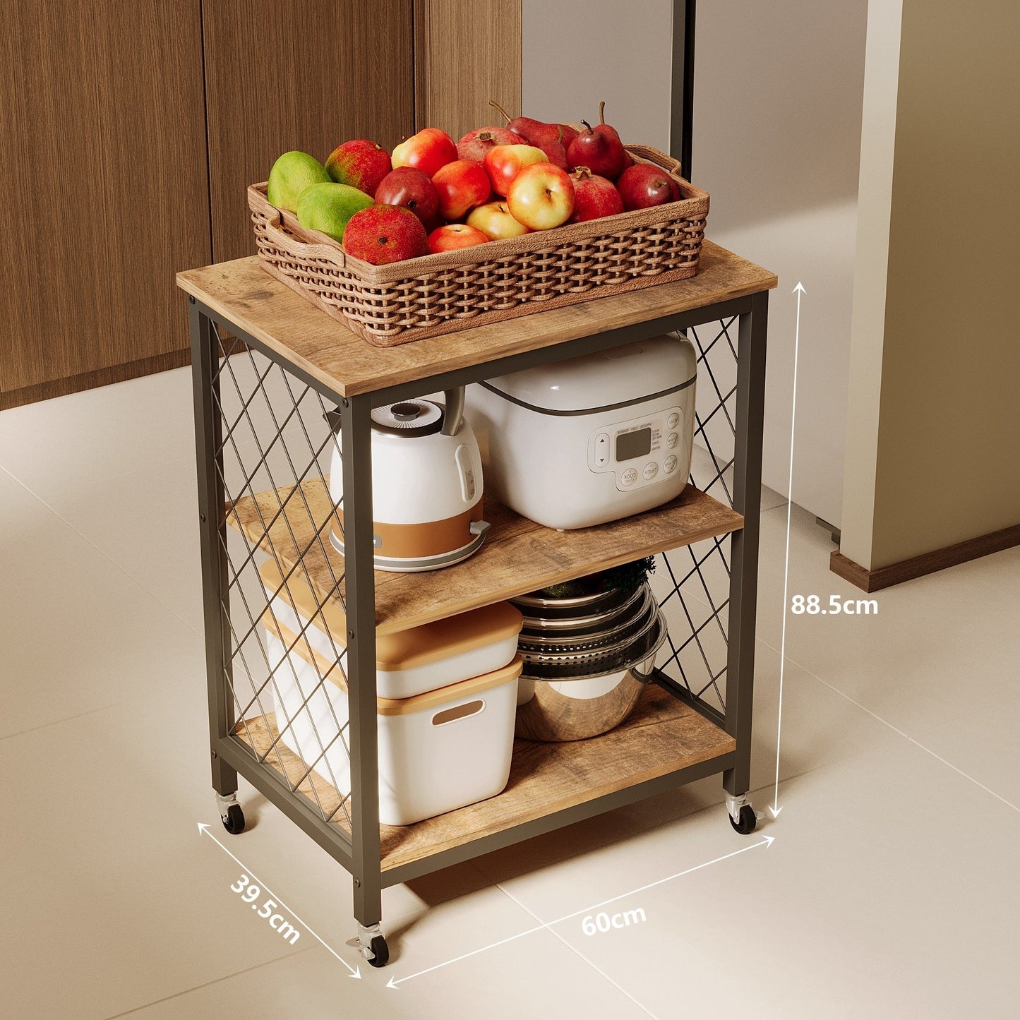 Carucior de Bucatarie Mobil pe Roti Stil Loft Maro Inchis si Metal, 60x40x89 cm