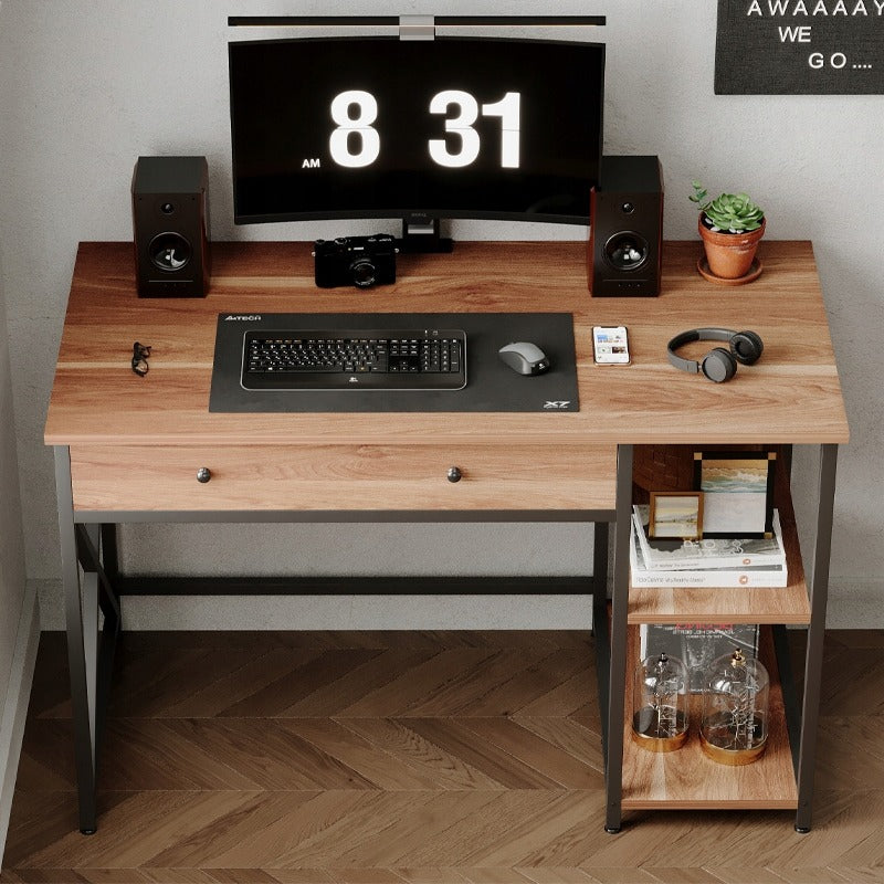 Birou Calculator Stil Loft cu Sertar si Rafturi, Maro Deschis si Metal, 120x60x74 cm