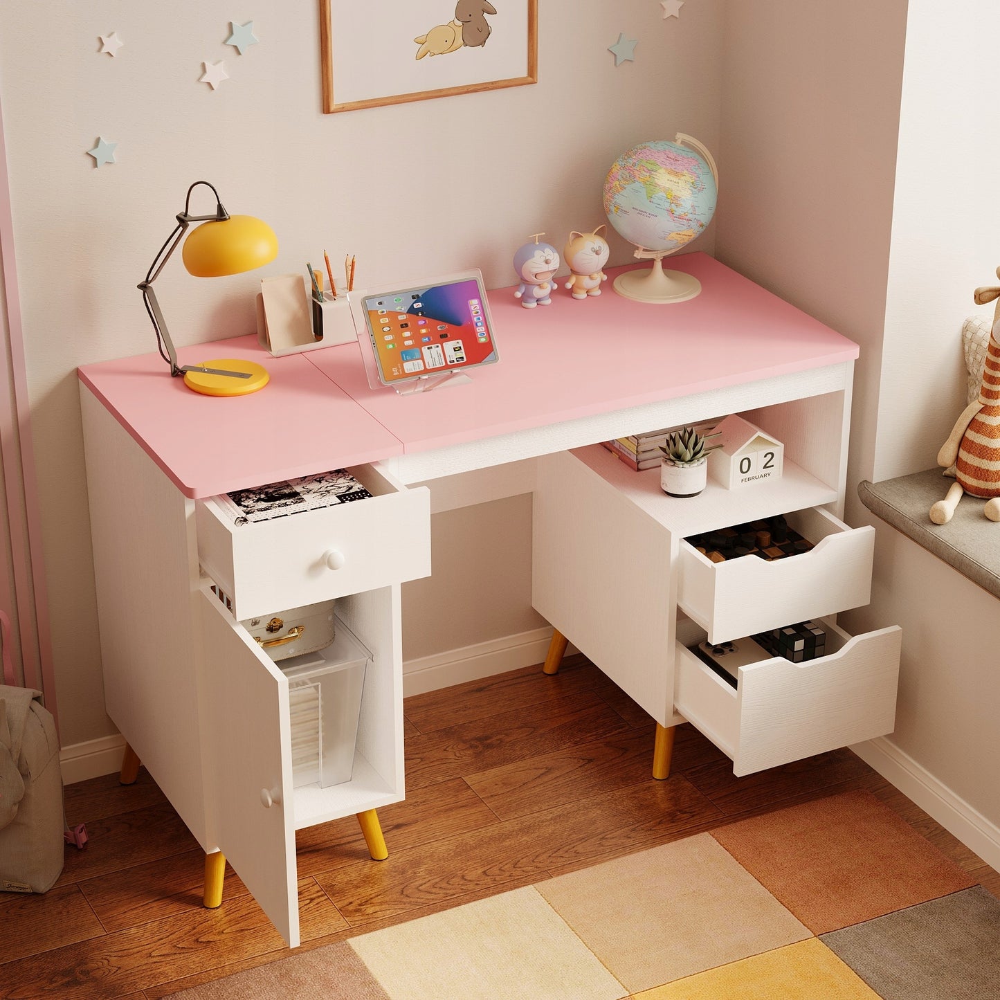 Birou Tineret Stil Scandinav Roz si Alb, Masa de Studiu din Lemn si MDF, 110 cm