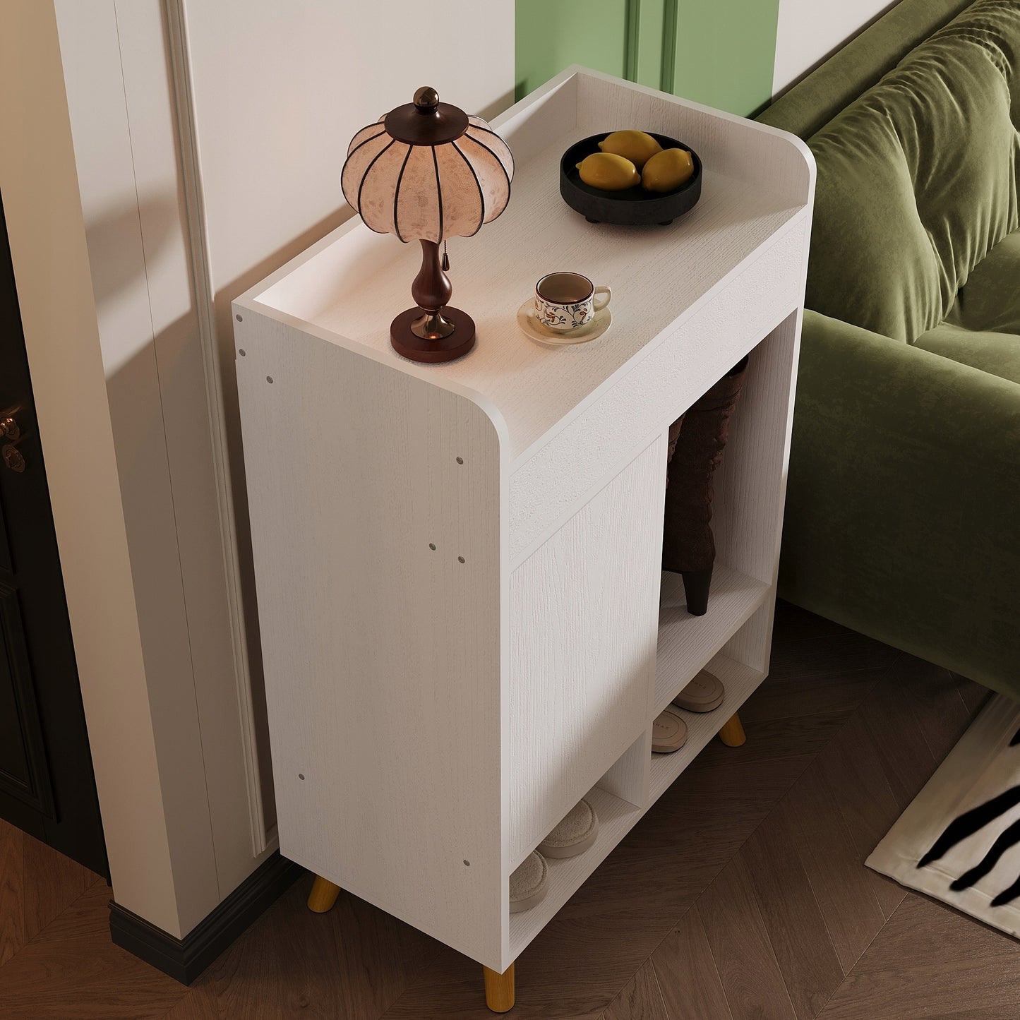 Dulap pentru Pantofi din Lemn Alb Mat cu Sertar si Usi, Comoda Hol 60x32x90 cm