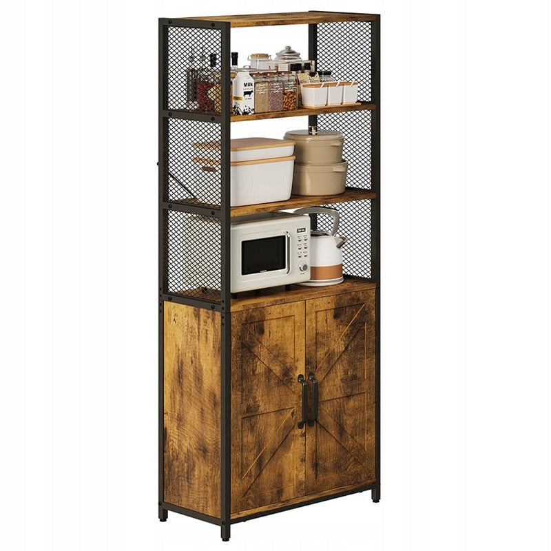 Bufet Inalt Stil Loft cu 2 Usi si Rafturi, Maro Rustic si Metal, 64x30x151 cm