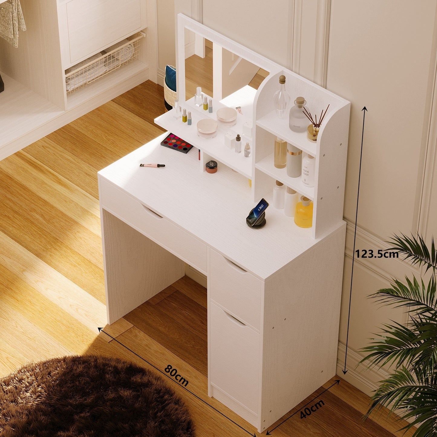 Masuta de Toaleta pentru Machiaj Alb Mat, Oglinda Dreptunghiulara, 2 Sertare si Dulap, 80 cm