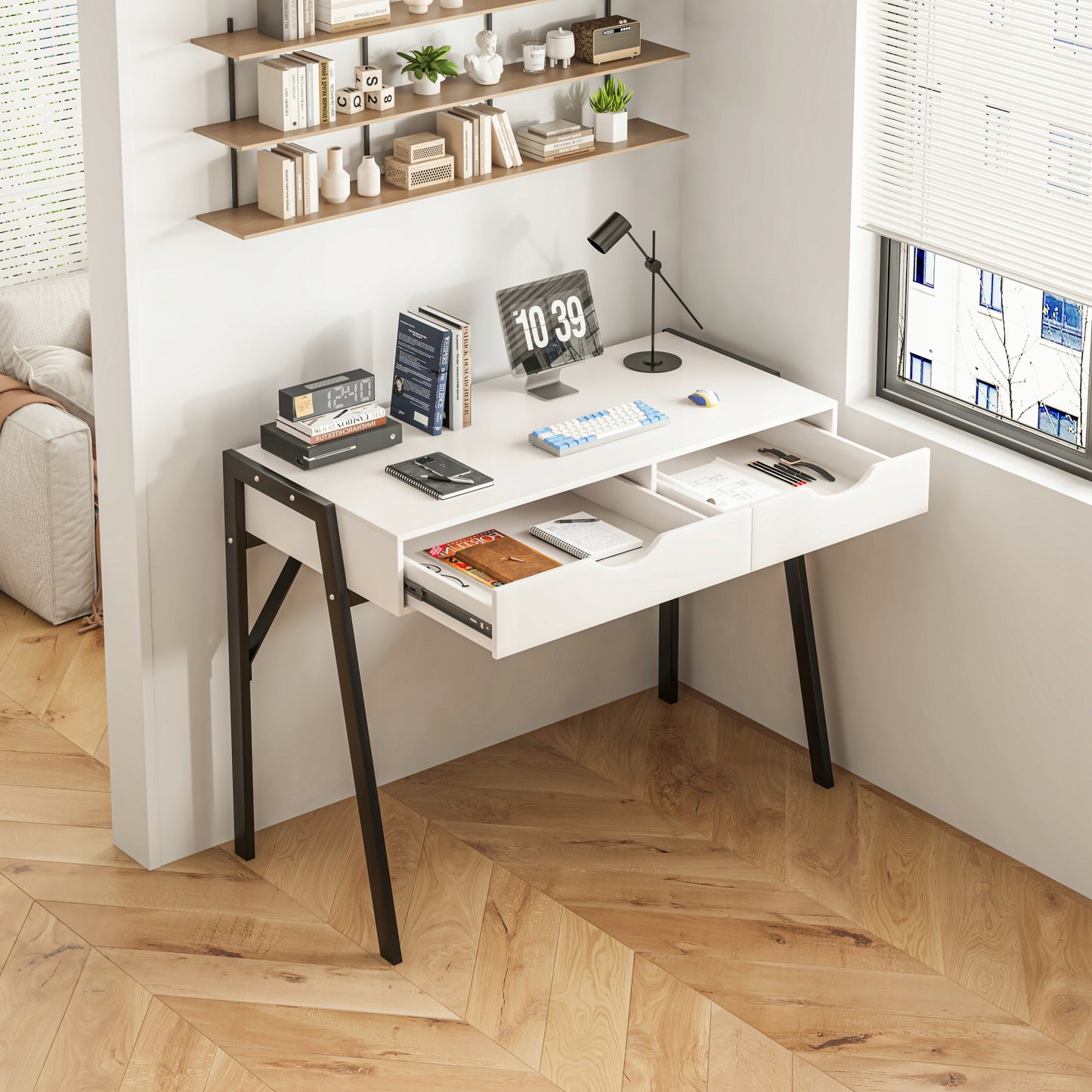 Birou Modern Compact cu 2 Sertare din MDF Alb Mat si Metal Negru, 80x40x90 cm