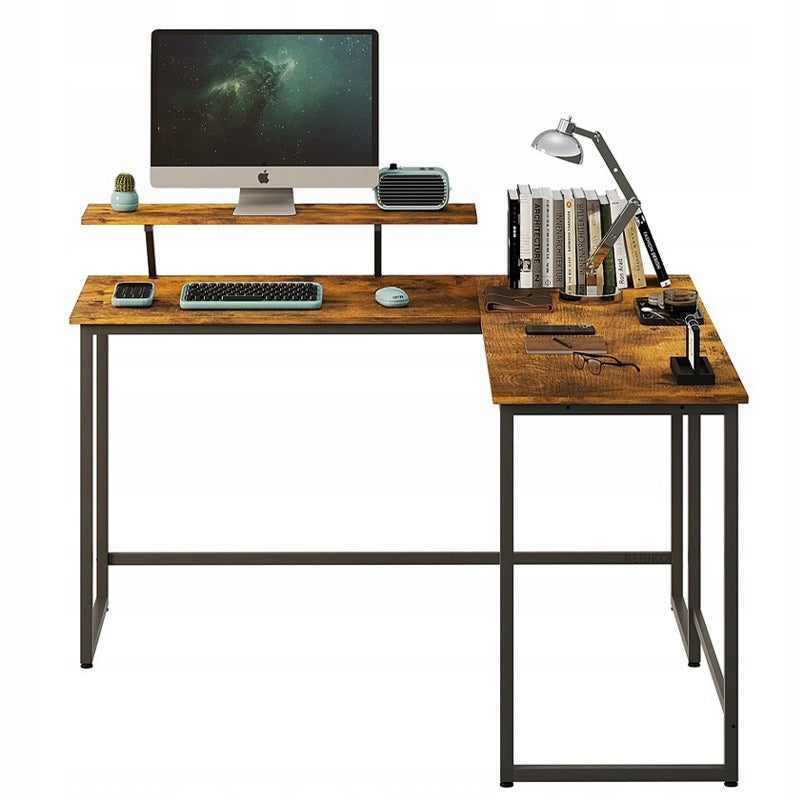 Birou de Colt pentru Calculator cu Raft, Maro Rustic si Metal, Stil Loft, 130 cm