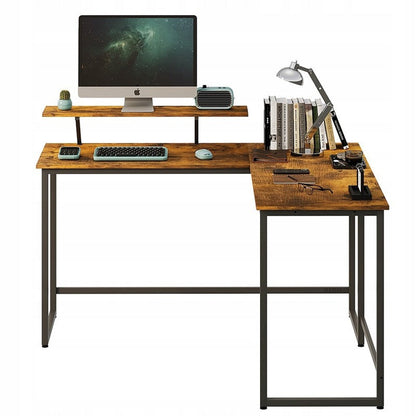 Birou de Colt pentru Calculator cu Raft, Maro Rustic si Metal, Stil Loft, 130 cm