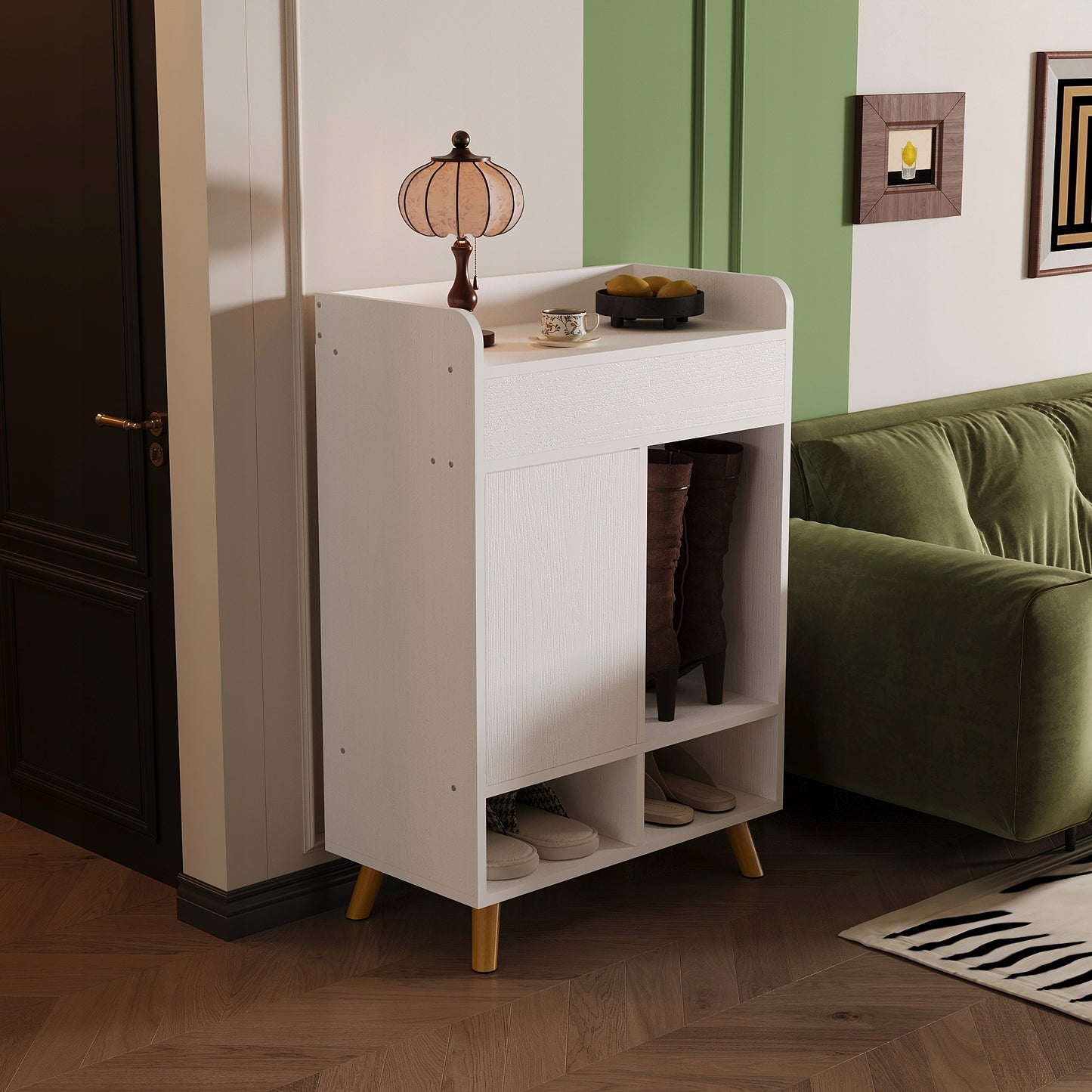 Dulap pentru Pantofi din Lemn Alb Mat cu Sertar si Usi, Comoda Hol 60x32x90 cm