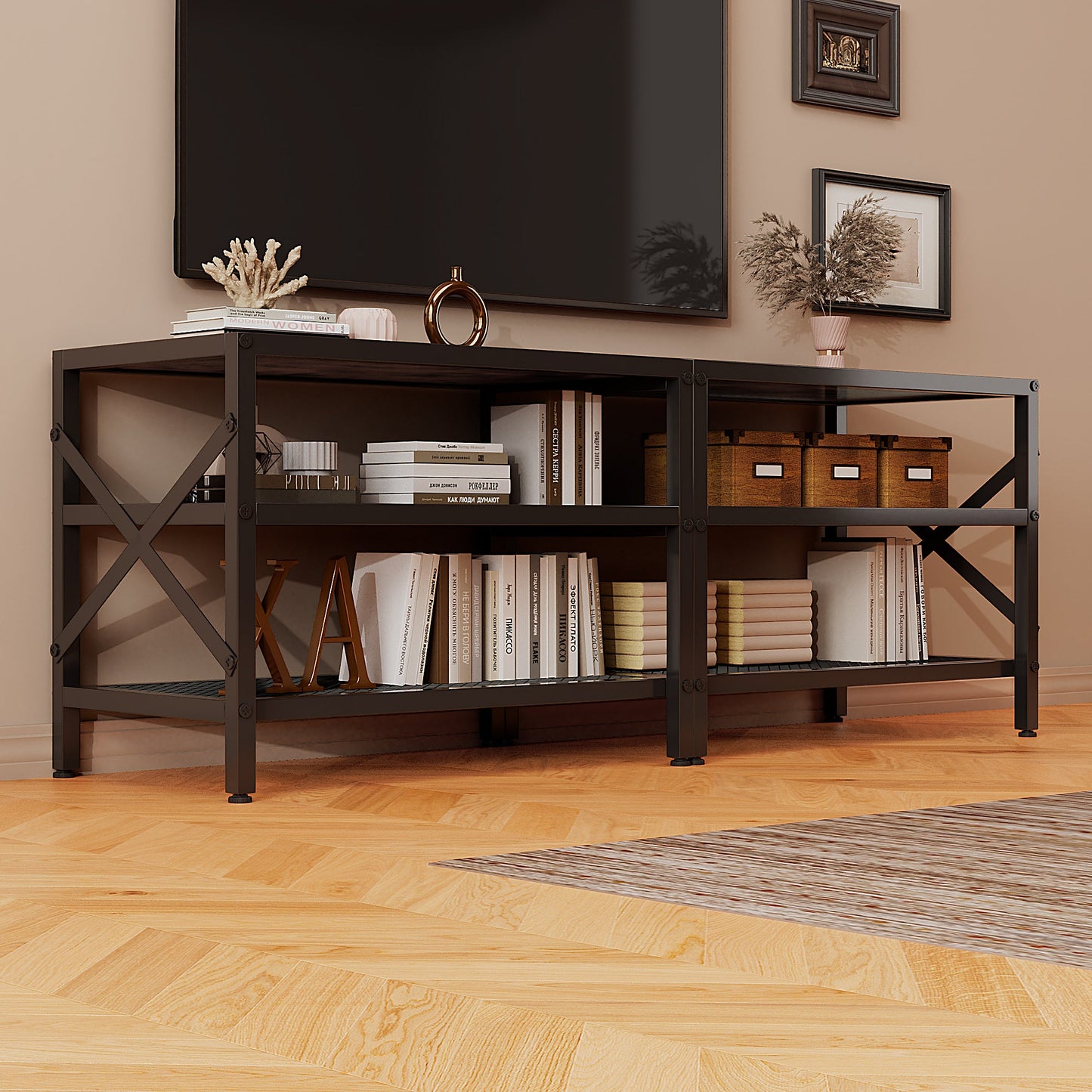 Comoda TV Stil Loft 140 cm, Suport TV Maro Rustic, Depozitare Media pentru Living