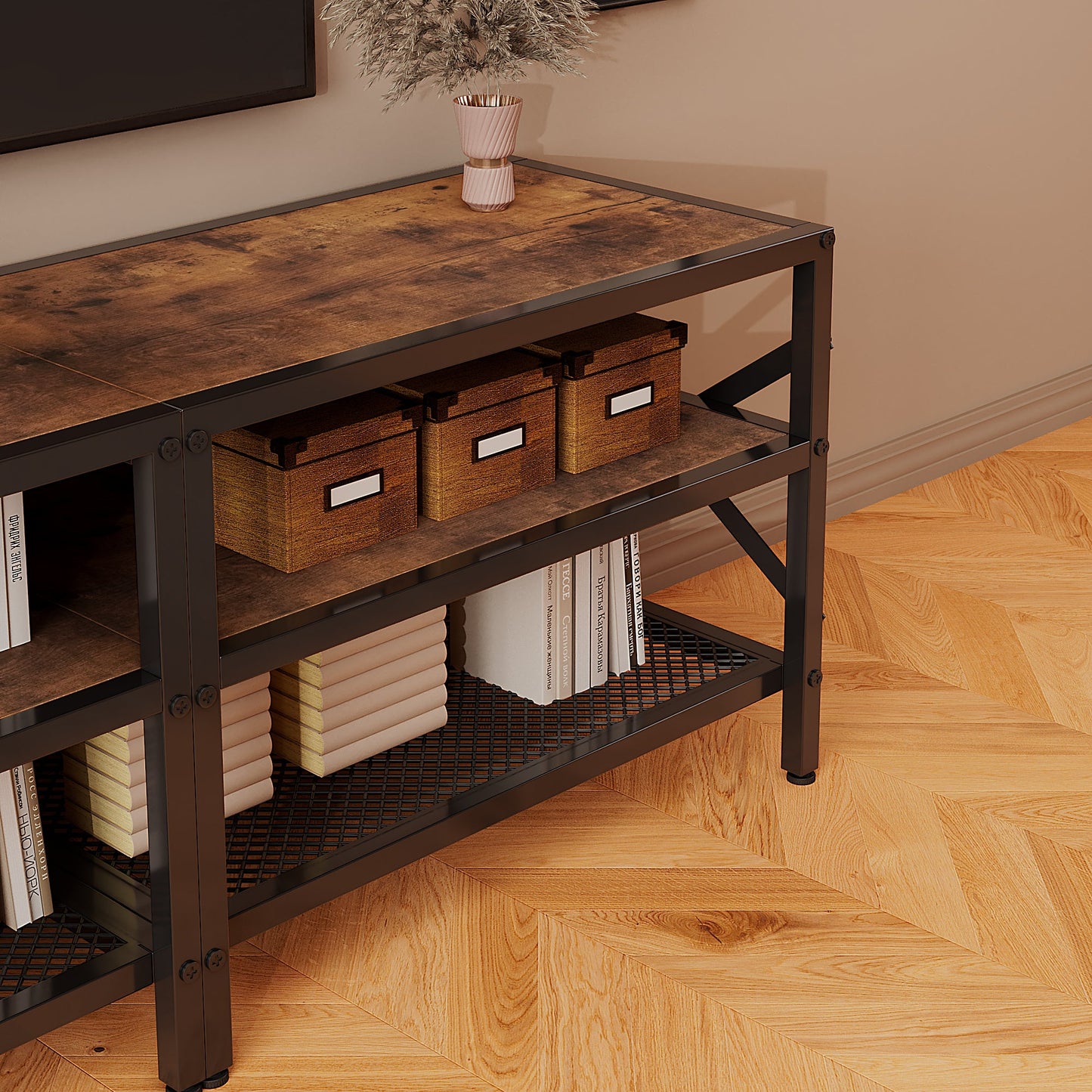 Comoda TV Stil Loft 140 cm, Suport TV Maro Rustic, Depozitare Media pentru Living
