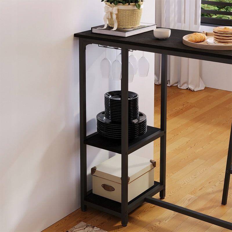Set Bar Stil Loft cu Masa 120 cm si 2 Scaune Taburet, Complet Negru din Metal
