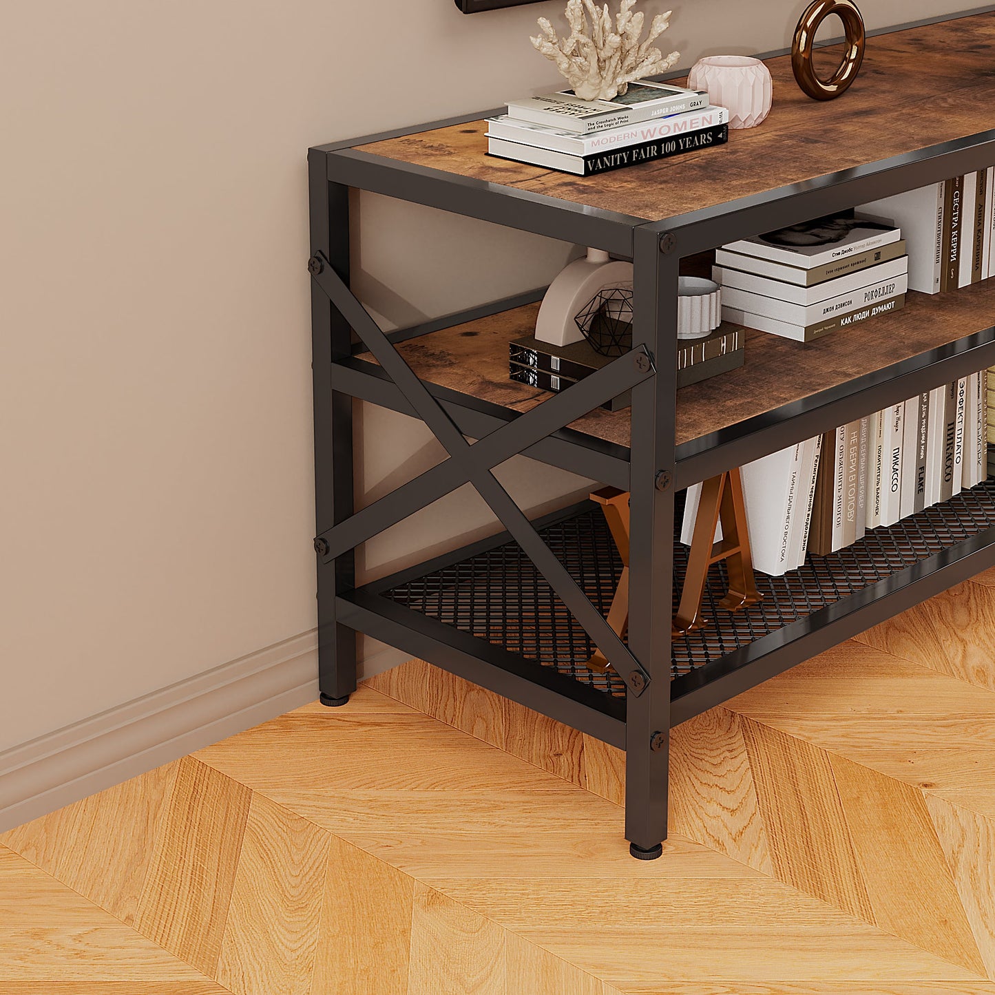 Comoda TV Stil Loft 140 cm, Suport TV Maro Rustic, Depozitare Media pentru Living