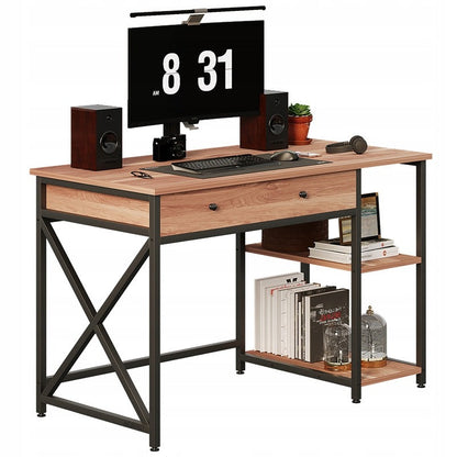 Birou Calculator Stil Loft cu Sertar si Rafturi, Maro Deschis si Metal, 120x60x74 cm