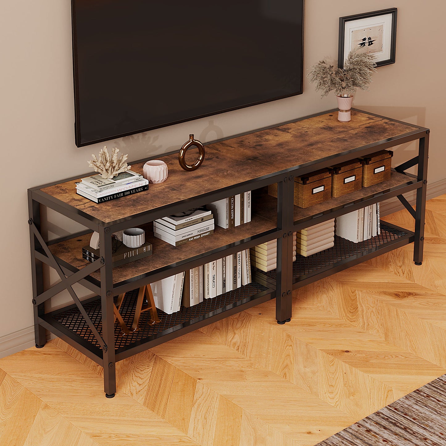 Comoda TV Stil Loft 140 cm, Suport TV Maro Rustic, Depozitare Media pentru Living
