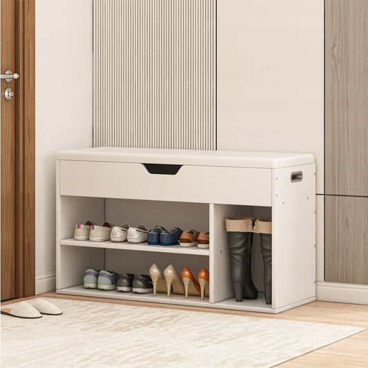 Dulap pantofi cu bancă 80 cm – alb, 3 polițe, pernă tapițată