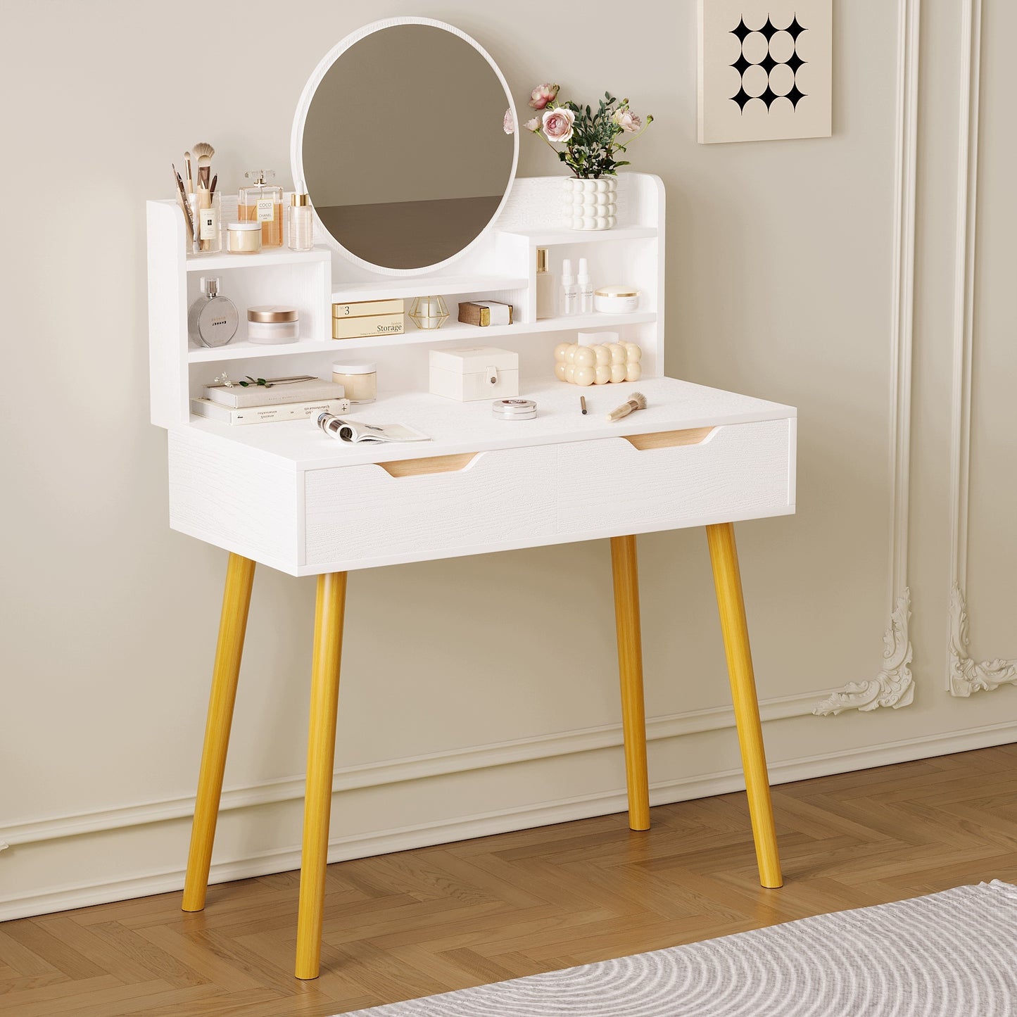 Masuta de Toaleta pentru Machiaj Stil Scandinav Alb Mat, Oglinda Rotunda si Sertar, 80 cm