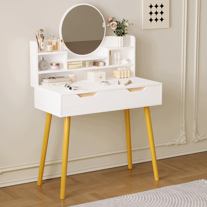 Masuta de Toaleta pentru Machiaj Stil Scandinav Alb Mat, Oglinda Rotunda si Sertar, 80 cm