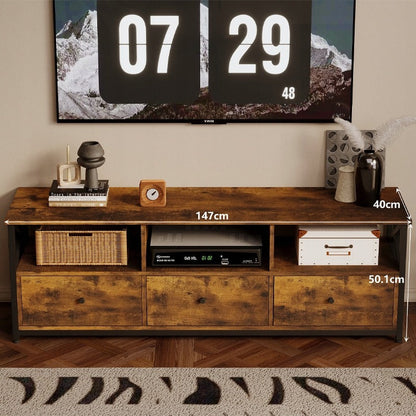 Comoda TV Stil Industrial Loft din MDF si Metal, Maro Rustic, 143x40x50 cm