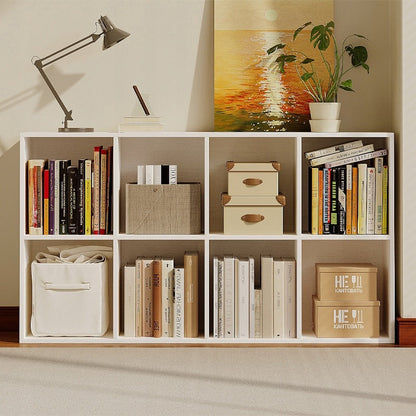Etajeră Compartimentată 8 Cuburi 130cm – Bibliotecă Joasă Albă 4x2