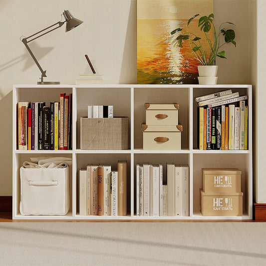 Etajeră Compartimentată 8 Cuburi 130cm – Bibliotecă Joasă Albă 4x2