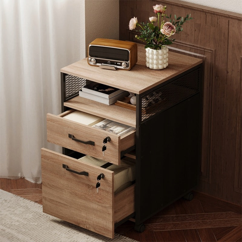 Container Mobil Documente Stil Loft cu 2 Sertare si Incuietoare, Maro Deschis, 42x44x69 cm