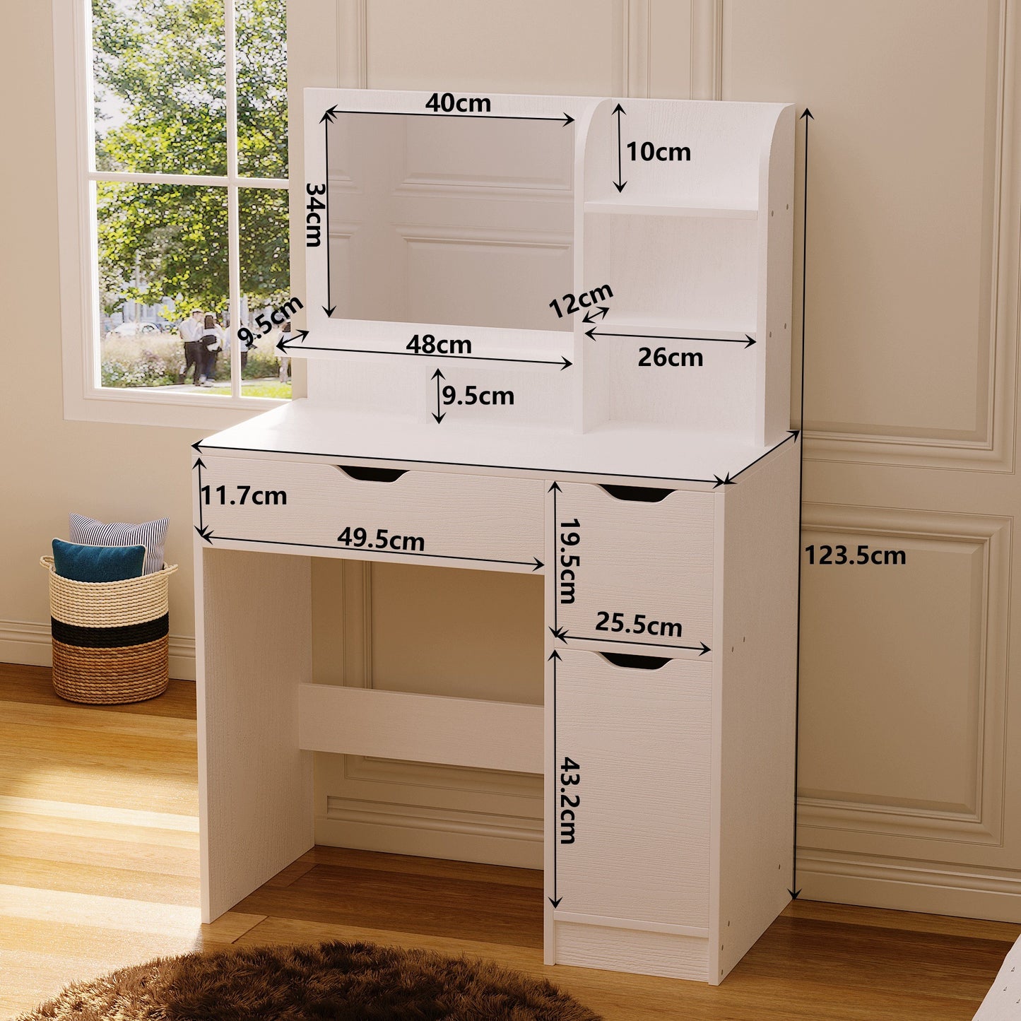 Masuta de Toaleta pentru Machiaj Alb Mat, Oglinda Dreptunghiulara, 2 Sertare si Dulap, 80 cm