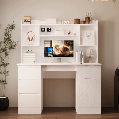Birou Alb cu Extensie si Rafturi, Masa PC cu 4 Sertare, Textura Lemn, 130x50x148 cm