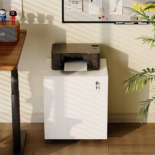 Container Mobil de Birou din MDF Alb cu Sertare si Incuietoare, 45x40x58 cm