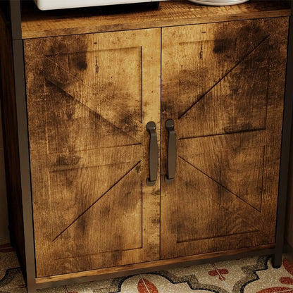 Bufet Inalt Stil Loft cu 2 Usi si Rafturi, Maro Rustic si Metal, 64x30x151 cm