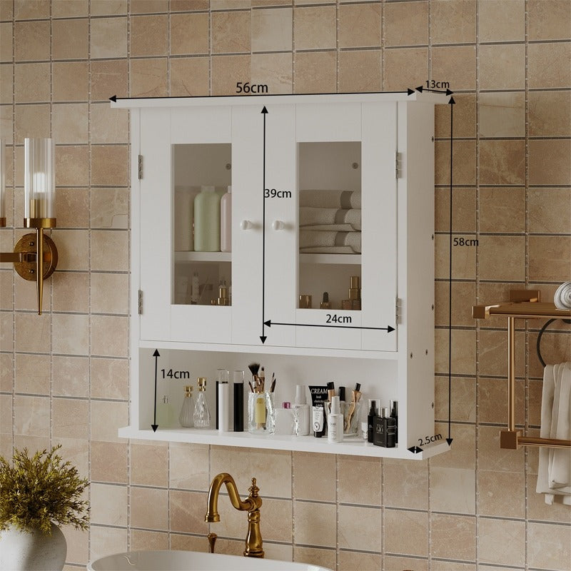 Dulap de Baie Suspendat cu 2 Usi din Sticla, Alb, Stil Loft, 56x13x58 cm