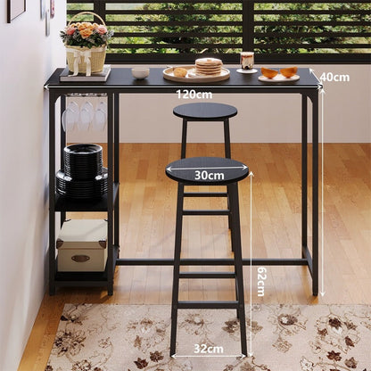 Set Bar Stil Loft cu Masa 120 cm si 2 Scaune Taburet, Complet Negru din Metal