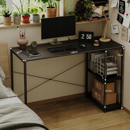 Birou Calculator Stil Loft cu Rafturi, Negru complet, MDF si Metal, 120x48 cm, Home Office