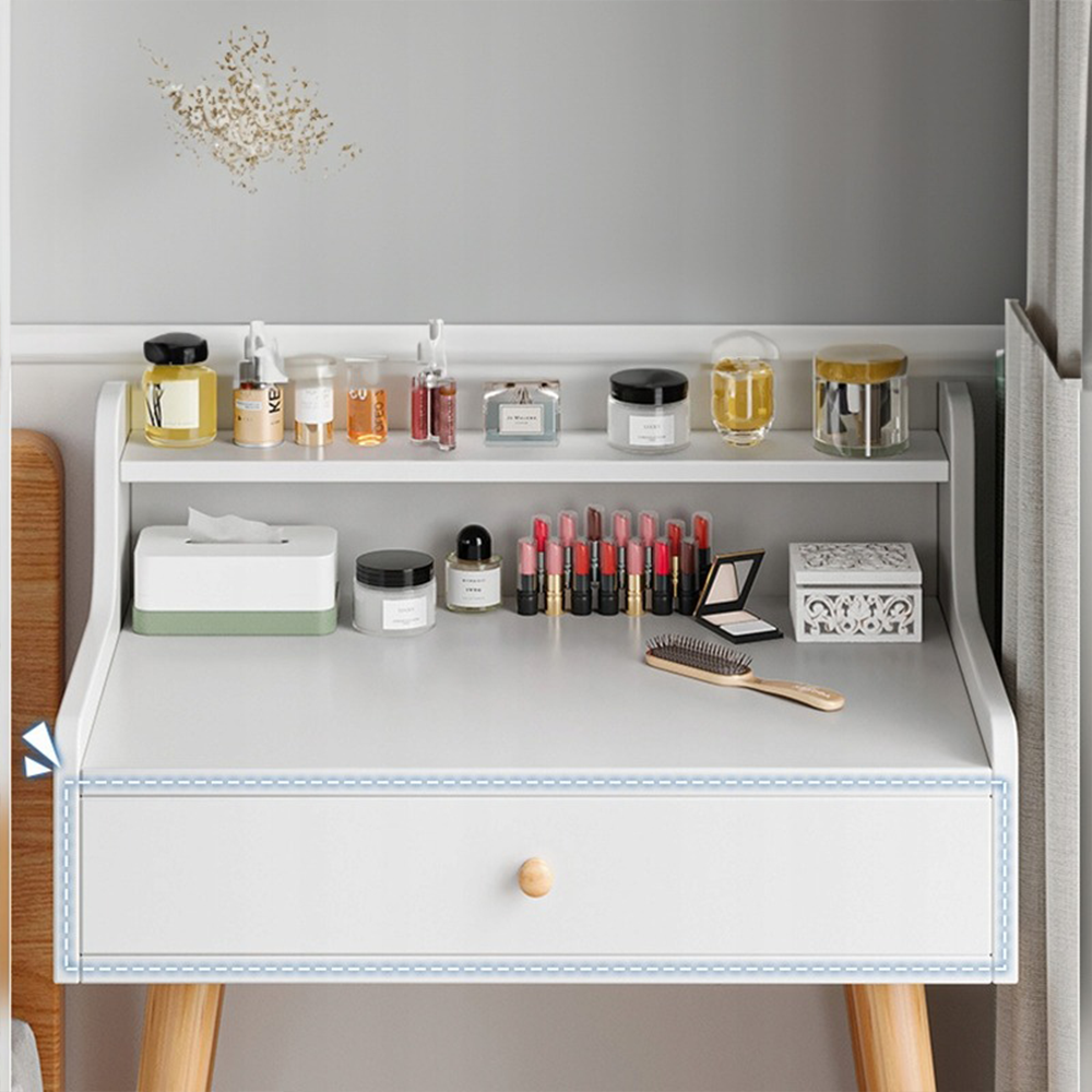 Masă toaletă albă cu oglindă 70 cm – stil scandinav, cu sertar, MDF, pentru machiaj