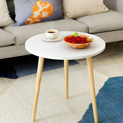 Măsuță rotundă 60 cm alb – masă living modernă, picioare lemn