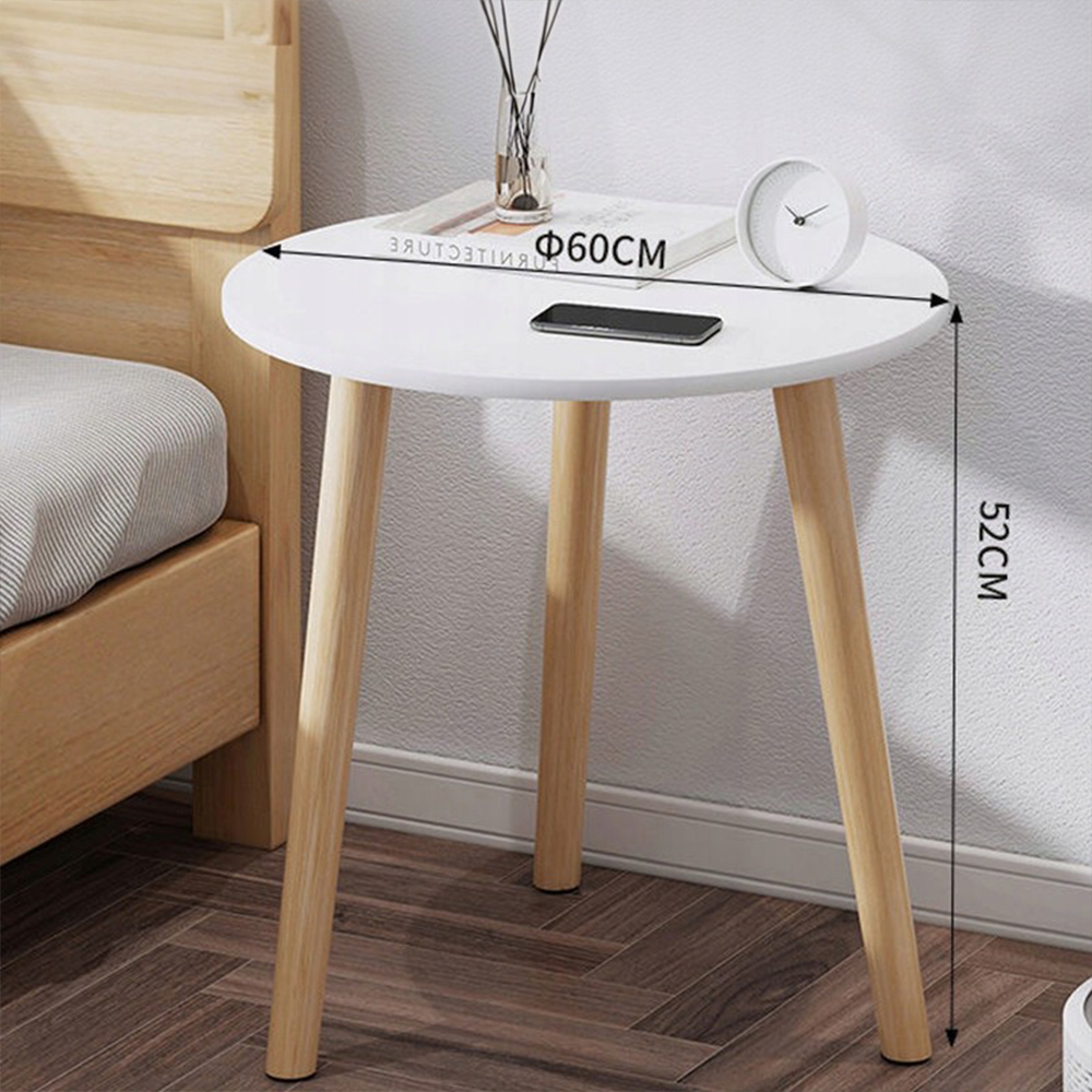Măsuță rotundă 60 cm alb – masă living modernă, picioare lemn