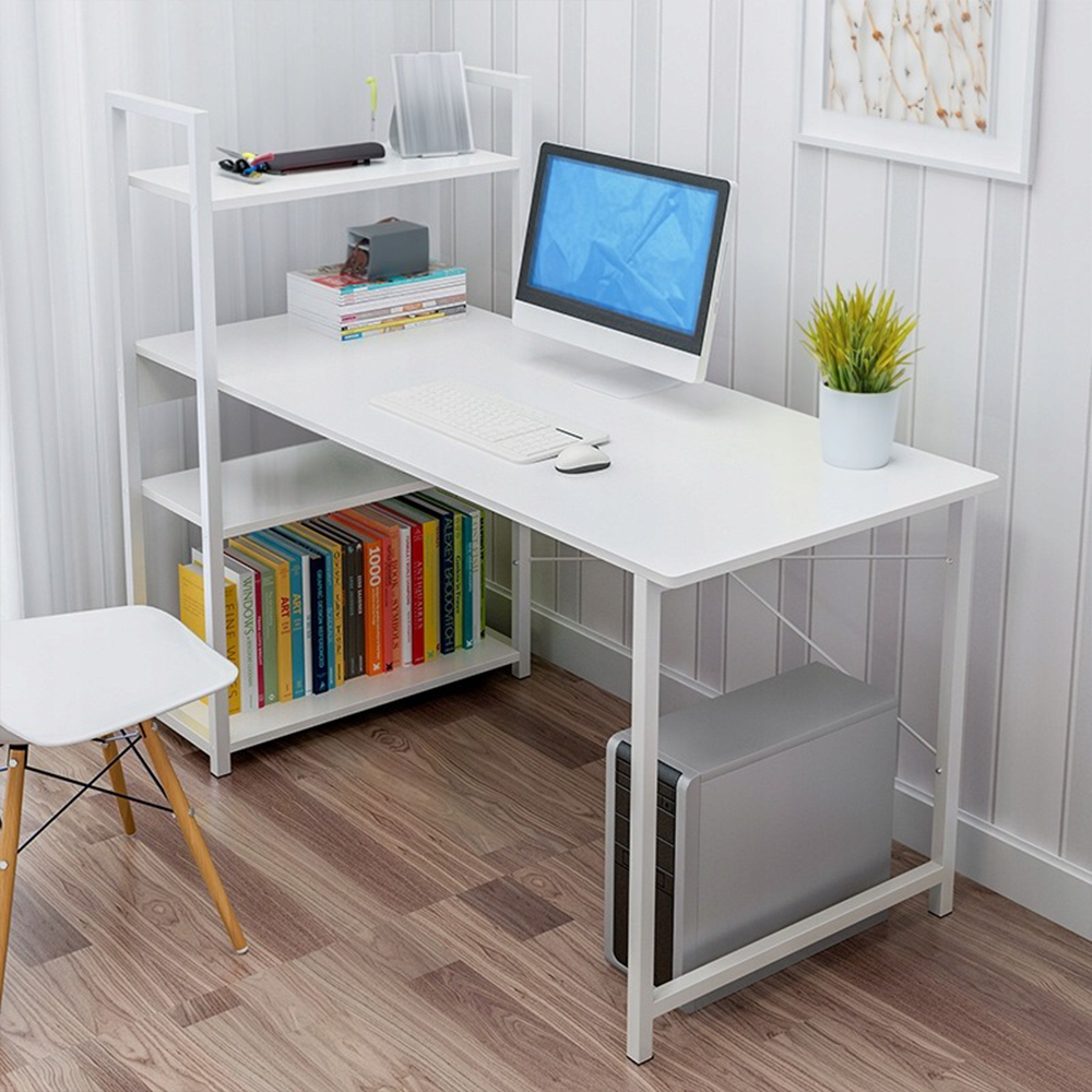 Birou alb 120 cm – cu rafturi laterale, MDF, design modern/scandinav