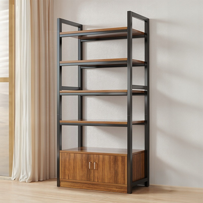 Bibliotecă industrială 190 cm – 5 rafturi + dulap, MDF + metal